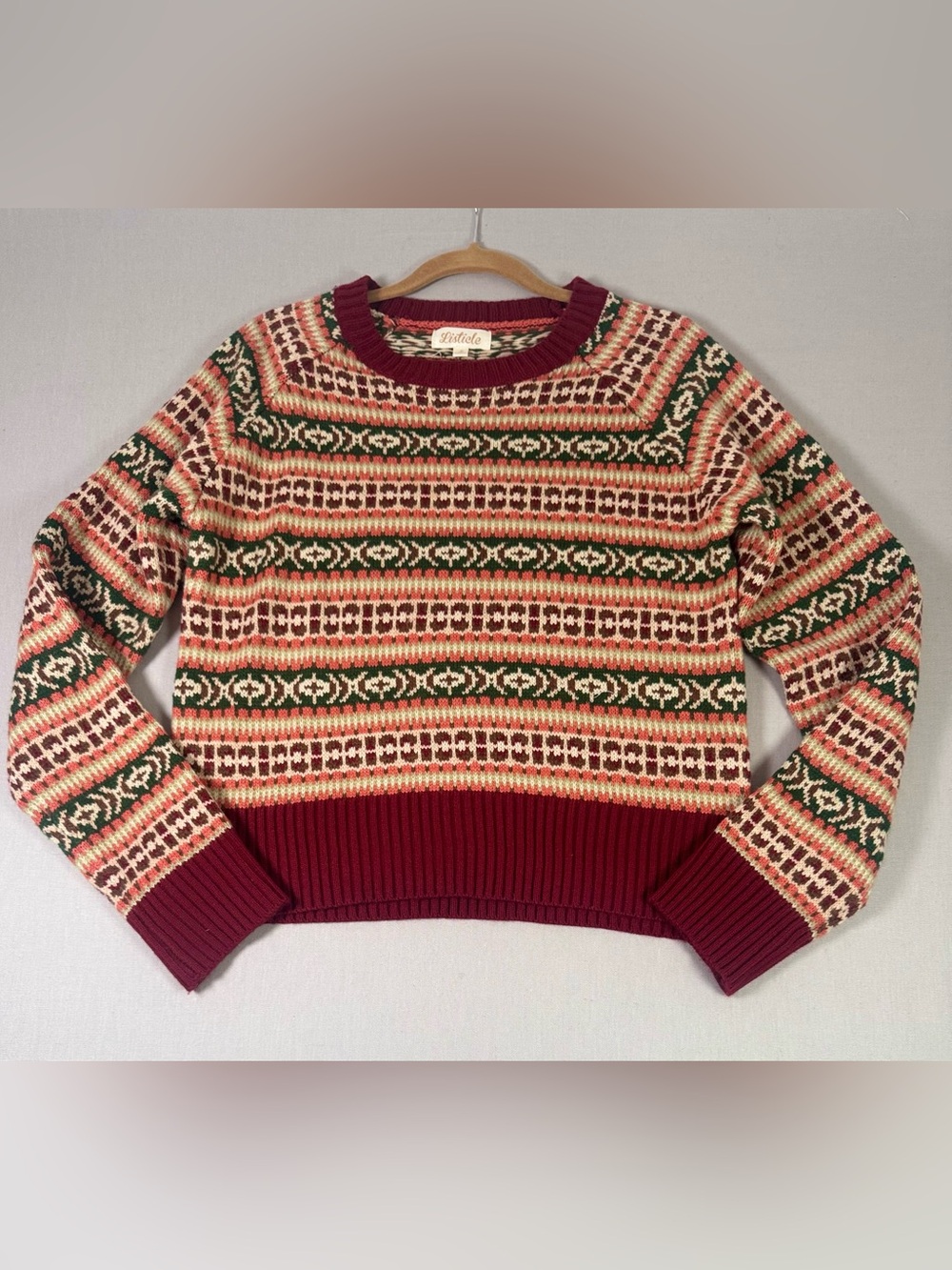 Listicle Fair Isle Nordic Sweater Burgundy Green Crewneck Women’s Small